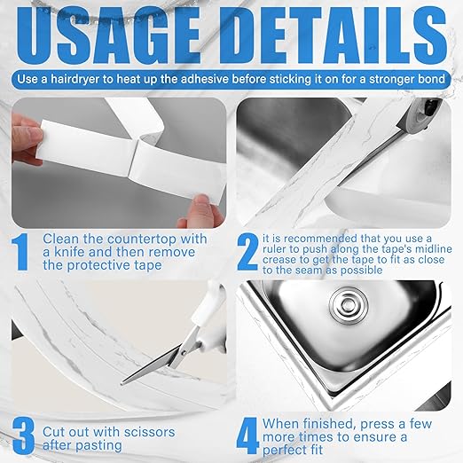 Frienda Marble Caulk Tape 10.5' x 1.5'' Waterproof Self Adhesive Caulk Strip Bathtub Sealant Tape Sealing Strip Oil Proof Bathroom Sealant for Kitchen Floor Wall Edge Protector(PE)