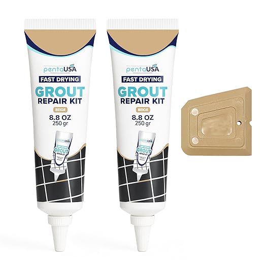 PentaUSA Premixed Tile Grout Repair Kit 2 Pack - Warm Beige Acrylic Sanded Grout Filler for Bathroom, Shower, Kitchen Tile Water-Resistant Tubes with Applicator, Fast Drying, (2 x 250g / 17.6oz)
