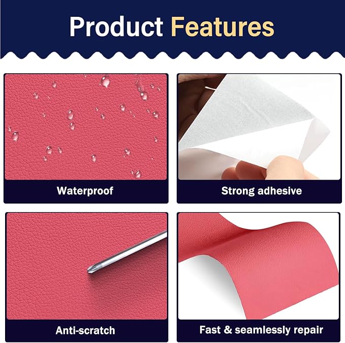 Zenyao Leather Repair Patch Tape - Self Adhesive Leather Repair Kit for Car Seat Furniture, Heavy Duty Vinyl Repair Patch for Couch Sofa, Waterproof Fix for Tears, 8x11 Inch Sheet, 2 Pieces, Hot Pink