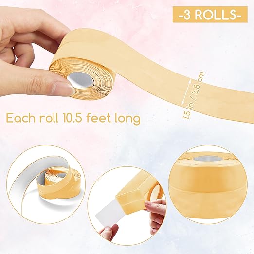 3 Rolls 10.5 Feet Caulk Tape Toilet Caulking Strip Self Adhesive Bathroom Sealing Peel and Stick Caulk Strip for Bathtub, 1.5 Inches (Almond)