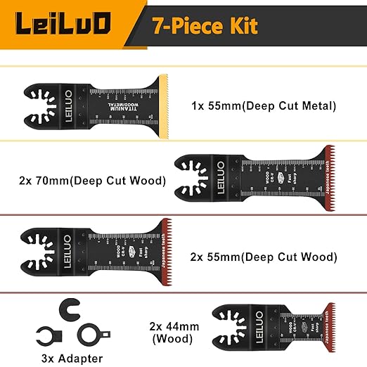LEILUO 7 Pcs Extra Long Oscillating Tool Blades 70mm CRV Japanese Tooth & 55mm Titanium Multitool Blades for Wood with Nails Oscillating Saw Blade Compatible with DeWalt Makita Milwaukee and More