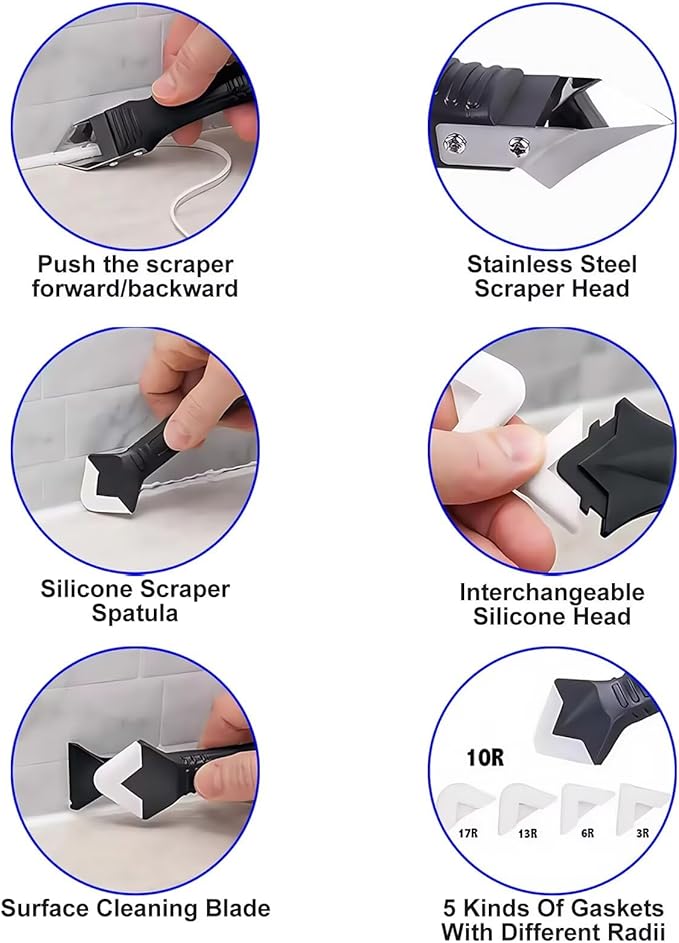 Silicone Caulking Tool Kit, 3 In 1 Stainless Steel Scrapers with Multiple Angles, Caulk Remover Glass Glue Angle Scraper, for Bathroom, Kitchen, Floor, Window, Sink Joint & Frames Seal