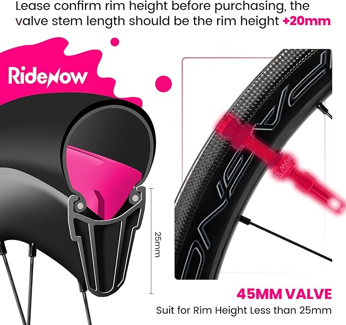 RideNow Tubeless Presta Valve Stems, 45mm Super Light 7075 Aluminum Alloy Presta Tubeless Valve Stem Kit with Valve Core Remover Tool and Valve Stem Caps, Multiple Color & Size Options(Pair), Rose Red