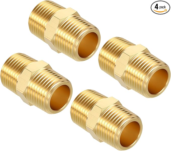 Pack of 4, 3/8" NPT Male to 3/8" NPT Male Solid Brass Hex Nipple Hose Connectors, Male Pipe Adapter for Pipe Leak Repair, Bathroom Remodeling, Tool Extensions, Compression