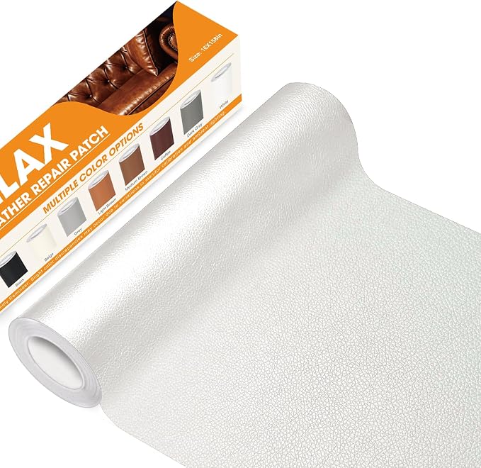 WALLAX Leather Repair Patch, 16 x 158 Inches Self Adhesive Leather Repair Tape for Furniture, Couch, Sofa, Car Seats, Office Chair, Car Interior, Upholstery, Vinyl Repair Kit (White)