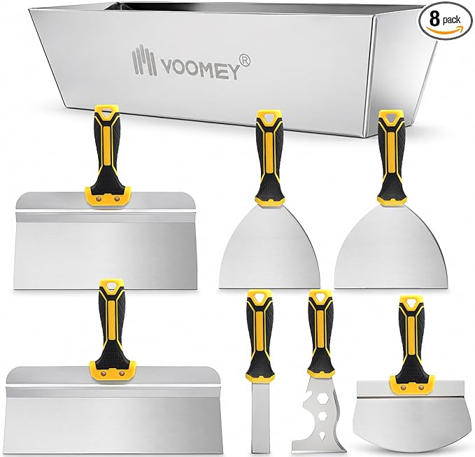 Voomey Drywall Tool Kit 8Pcs Stainless Steel Putty Knife Set with Taping Knives,Painter Scraper,Mud Pan and Scoop for Drywall Joint Taping, Finishing,Wall Repair,and Patching