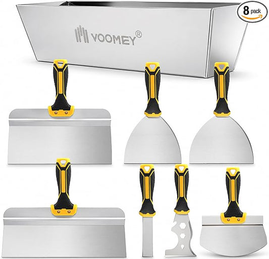 Voomey Drywall Tool Kit 8Pcs Stainless Steel Putty Knife Set with Taping Knives,Painter Scraper,Mud Pan and Scoop for Drywall Joint Taping, Finishing,Wall Repair,and Patching