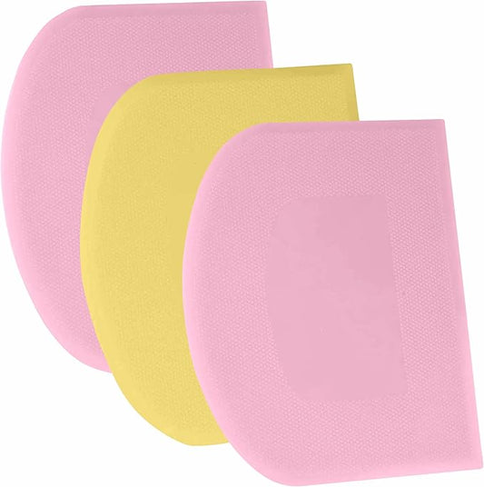 SURDOCA Dough Scraper Bench Scraper - 3P 10.6x6.7" Plastic Flexible Bowl Scraper, Sharp Edge & Angles Cake Scraper. Non-Slip Bakeware Decorating Tools Sculpting & Modeling Tools - Pink+Yellow+Pink