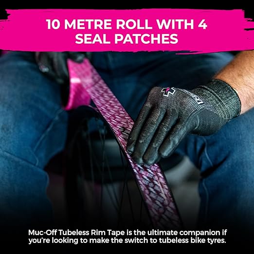 Muc-Off Tubeless Rim Tape 25mm (Pack of 2) - 10m Roll with 4X Seal Patches | Pressure-Sensitive Adhesive for Tubeless Bike Tyre Setups | Fits Road, CX, Gravel, MTB & Plus Rims