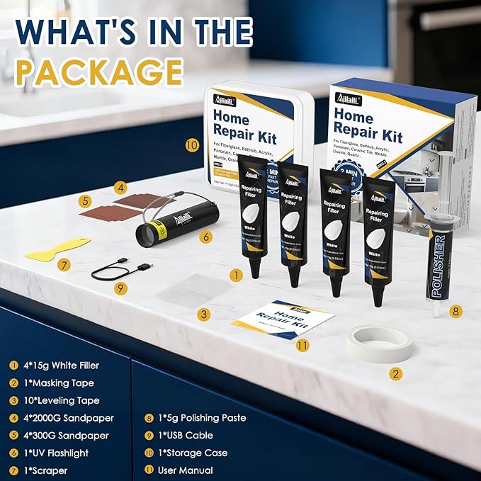 Quartz Countertop Repair Kit, Fiberglass Tub & Tile Repair Kit with 4x15g White Filler, 30s Fast Repair Chip, Hole, Scratch, Crack on Porcelain, Granite, Marble, Ceramic Tile, Bath Tub, Sink