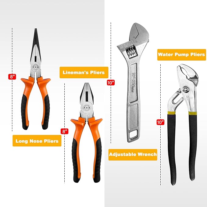4-Piece Large Pilers and Wrench Set,10 Inch Groove Joint Pliers and Adjustable Wrench with 8 Inch Long Nose and Lineman's Pliers for Home Use and DIY Project