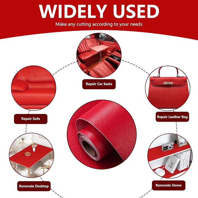 Leather Repair Patch 15.7x40 inch Large Self-Adhesive Leather Repair Tape Vinyl Leather Repair Kit for Sofa Car Seats Chairs Shoes Bags Damaged Leather Furniture (Red)