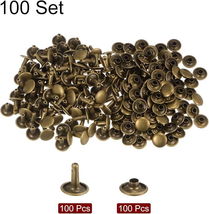 HARFINGTON 100 Sets Leather Rivets 10 x 10mm Metal Double Cap Rivet Snaps Studs Fasteners with 3pcs Setting Tools Rivets for Leather Craft DIY Repair Decoration, Bronze