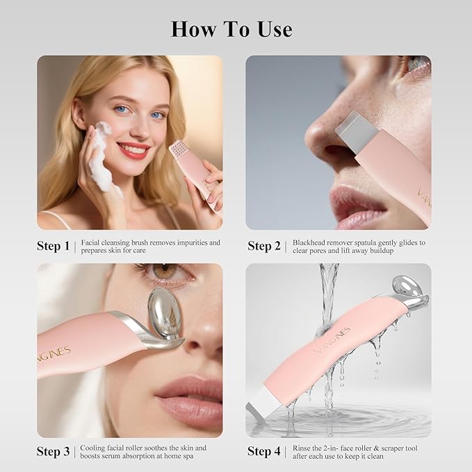 Blackhead Remover Tool with Ice Roller, Stainless Steel Face Scraper, Skin Scrubber Face Spatula for Deep Cleansing, 3-in-1 Skin Care Tool with 2 Silicone Brush Heads(Dusty Rose)