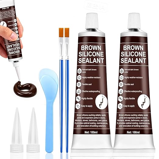 2 PCS Brown Caulk, 100% Waterproof Brown Silicone Caulk for Bathroom Shower Kitchen Tile Floor Sealing, Stronger Adhesion, Shrink & Crack Proof, with a Scraper for Applying Evenly, 100mlx2