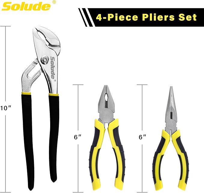 4-Piece Pilers Set with10 Inch Groove Joint Pliers, Adjustable Wrench and 6 Inch Long Nose, Lineman's Pliers for Home Use and DIY Project