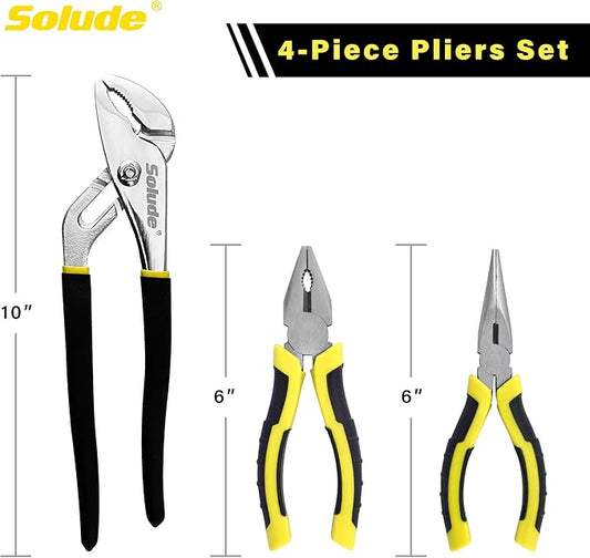 4-Piece Pilers Set with10 Inch Groove Joint Pliers, Adjustable Wrench and 6 Inch Long Nose, Lineman's Pliers for Home Use and DIY Project