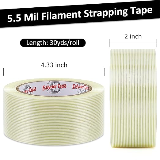 5 Pack Transparent Reinforced Fiberglass Tape – 2 Inch x 30 Yards, 5.5 Mil Filament Strapping Tape, Adhesive Heavy Duty