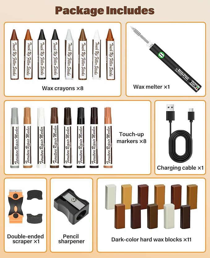 Wood Furniture Repair Kit - Includes Wax Melting Tool with Display, Hard Wax Filler, Marker Pen - Furniture and Countertop Repair Set, Hole for Floor, Table, Door, Cabinet