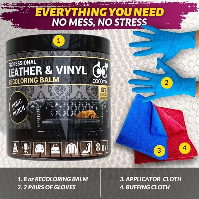 COCONIX Leather & Vinyl Recoloring Balm - Pure Black | Restore Faded, Worn, and Peeling Leather and Vinyl on Sofas, Chairs, and Car Seats | Vibrant Colors with Simple Application