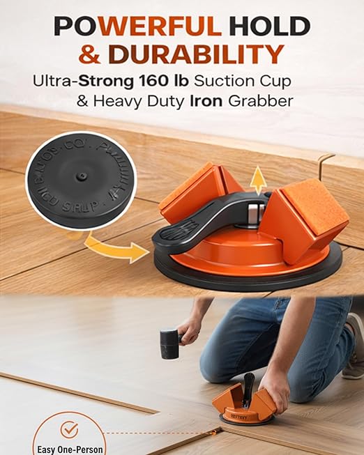 Floor Gap Fixer Tool 45° Striking Surface Pro, Laminate Flooring Repair Suction Cup Vinyl Plank Heavy Duty Iron Grabber Reusable Kit with Sticky Pads Cutter for Wood Tile Lvp Floating(#A-1pc)