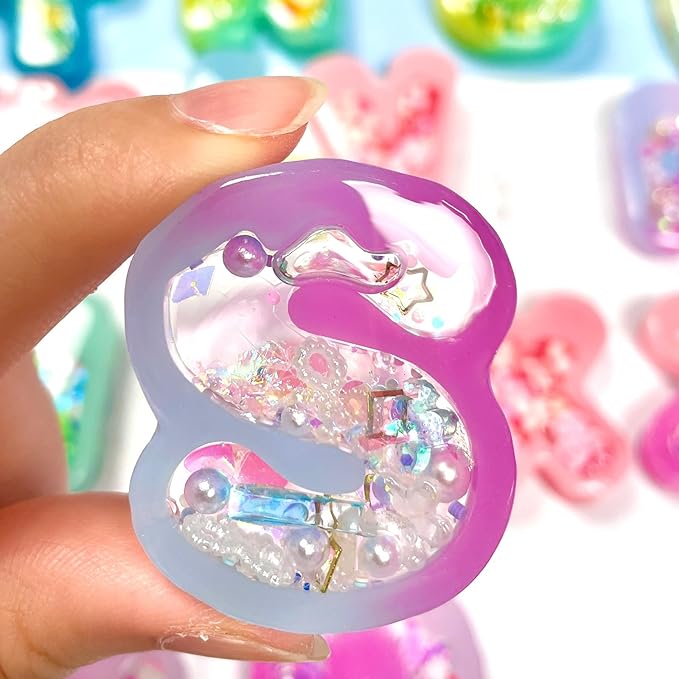 FUNSHOWCASE Alphabet Resin Shaker Molds Kawaii Keychain Charm Set Pack of 58 Silicone Trays Seal Films Precision Tip Applicator Bottle Kit Bundle