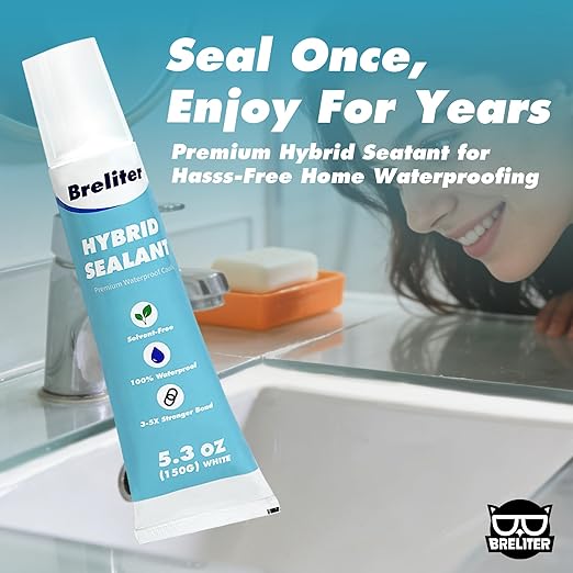 Breliter Hybrid Sealant - White Caulk for Bathtub, Bathroom, Kitchen Repair, 100% Waterproof Seal Adhesive for Tile, Stone, Metal & Glass, Paintable, Flexible & Durable (5.3 oz)