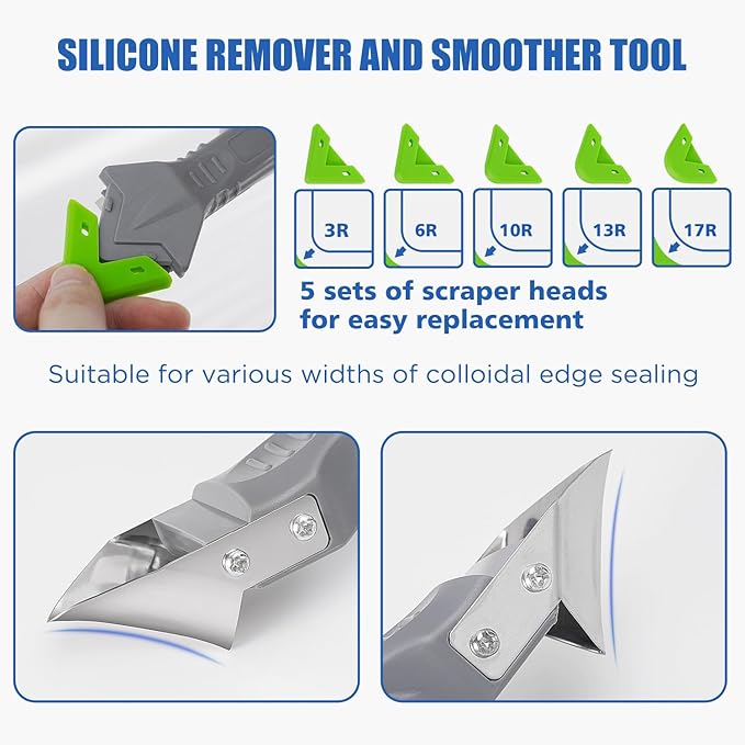11pc Caulk Remover Tool,5 in 1 Silicone Caulking Tools,Grout Removal Stainless Steel Caulk Tool Kit with 5 Exchange Silicone Head, 4pc Glass Glue Angle Scraper,2pc blade for Kitchen,Bathroom