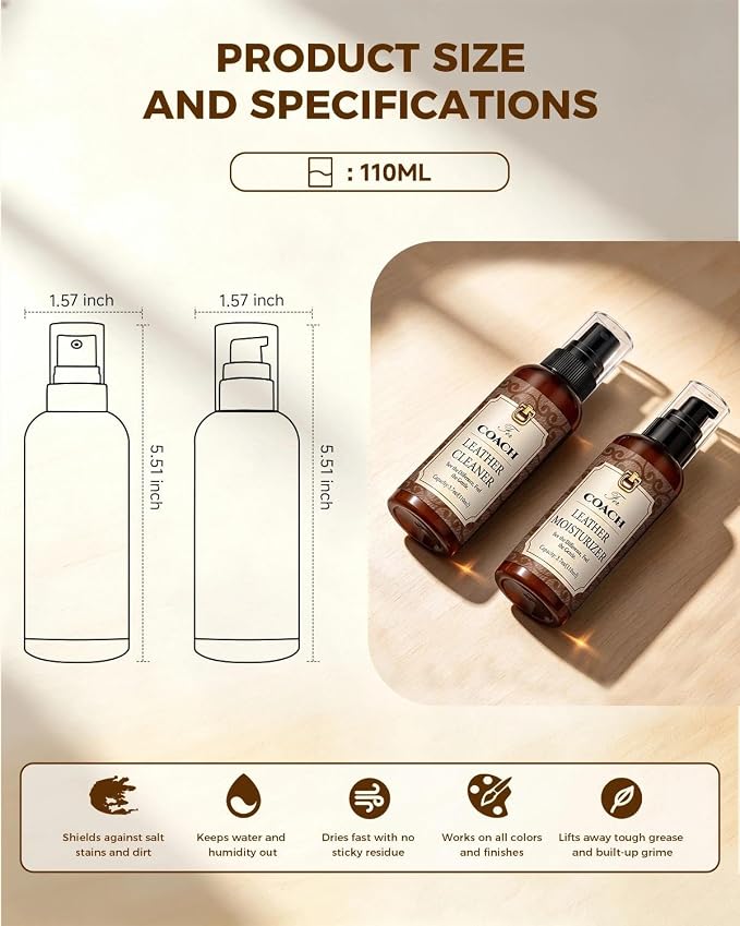 Leather Cleaner & Moisturizer Set for Coach, Cleaning and Maintenance Kit for Coach, Deep Nourishing & Stain Removal, Gentle Care, Suitable for Coach Handbags, Wallets and Other Luxury Brands