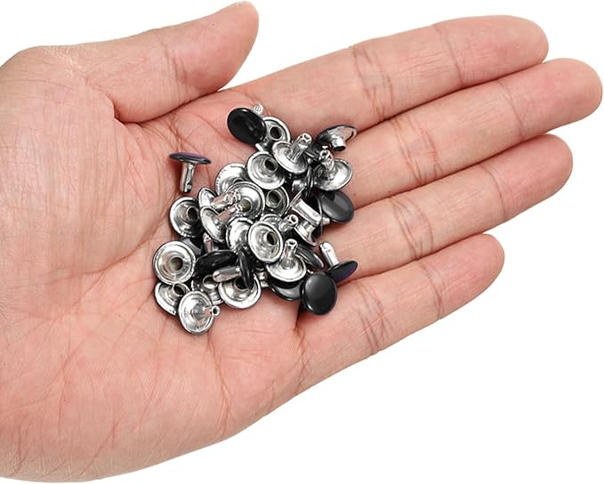 HARFINGTON 100 Sets Double Cap Leather Rivets, 10x10mm Round Cap Tubular Metal Studs Leather Crafting Rivets for Fabric Belt Pet Collar Boot Bag Repair and Decoration, Black