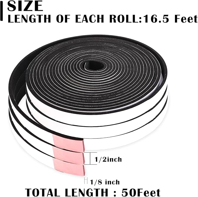 1/2 Inch Wide x 1/8 Inch Thick Single Sided Foam Tape,Black Foam Weather Stripping,High Density Window Seal Strip for AC Filters,Soundproof Foam Insulation Strips,Closed Cell Weatherstrip 50 Feet