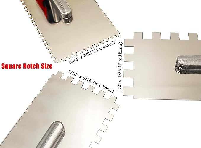 Tile Tools Stainless Steel Square Notch Trowel Set Plus Rubber Grout Float and Grout Sponge for Tiling Installation Grouting