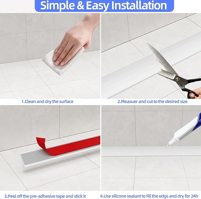 39 Inch Shower Threshold Water Dam Barrier,Silicone Shower Door Bottom Seal for Water Stopper,Flexible Edge Trim for Kitchen Sink Splash Guard,Self Adhesive Water Blocker for Bathtub,White