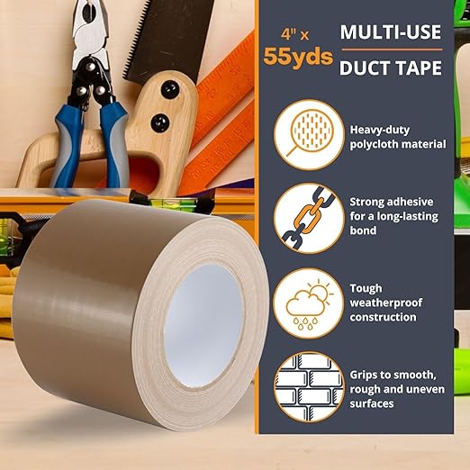 GTSE Wide Duct Tape, Brown, 4 Inches x 55 Yards (164 ft), Heavy Duty, Waterproof Repair Tape for Indoor or Outdoor Use, 1 Roll
