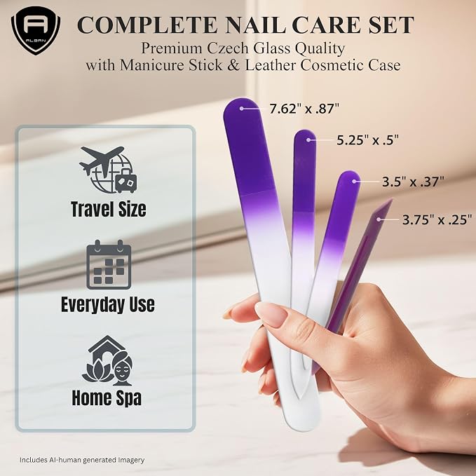 Alban Czech Glass Nail File Set with Manicure Stick & Vegan Leather Cosmetic Case (Purple Nail Files, Plum Manicure Stick & Cream Cosmetic Case)