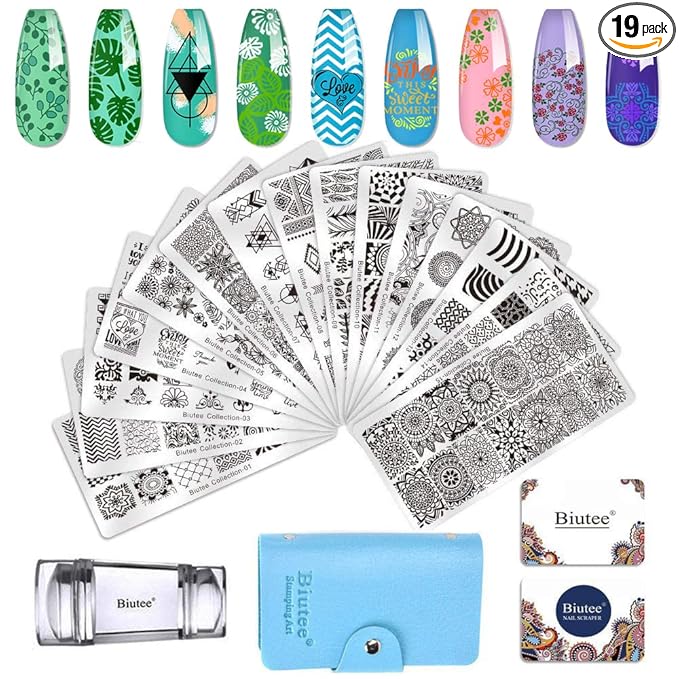 Biutee 19pcs Nail Stamp Plates set 15 plate 1Stamper 2Scraper 1storage bag Nails Art Stamping Plate Scraper Stamper Set Leaves Flowers Animal Nail plate Template Image Plate