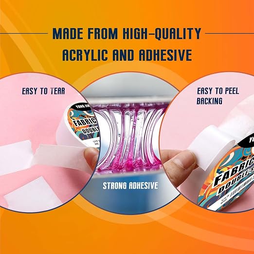 YONGJIN Double-Sided Fabric Tape (2 Rolls) - No Sewing or Ironing Required, Perfect for Quick Clothing Repairs, Fabric Bonding, Adhesive Cloth Tape for Hemming and DIY Crafts (2/5inch+1inch)
