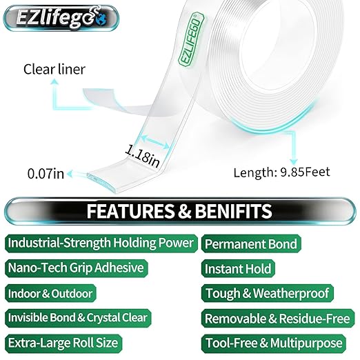 EZlifego Double Sided Tape Heavy Duty, Nano Double Sided Adhesive Tape, Clear Mounting Tape Picture Hanging Adhesive Strips (9.85FT)