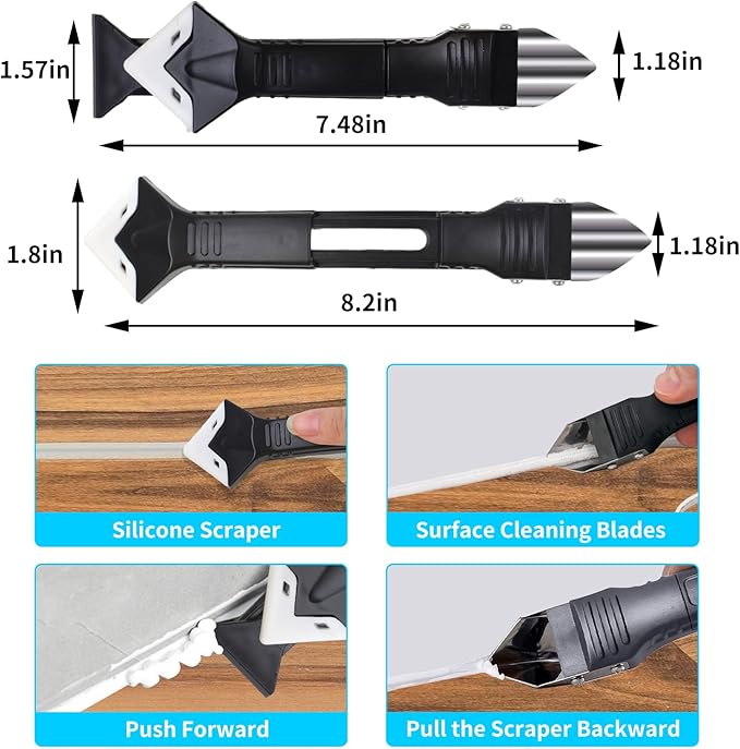 11Pcs Silicone Caulking Tools 3 in1 Grout Removal Tool(Stainless Steelhead)&Grout Remove Scraper,5 Silicone Replaceable Pads,4 Glass Glue Angle Scraper, Caulk Remover for Kitchen/Bathroom/Window/Joint