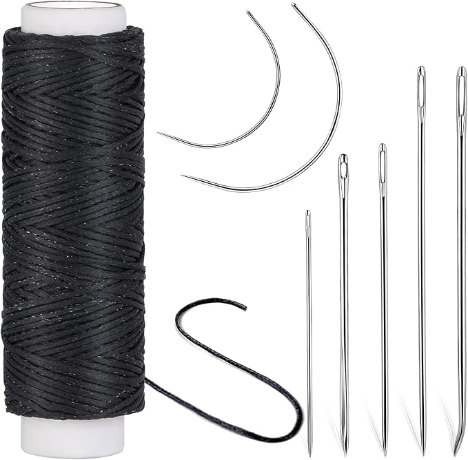 Ftyiwu Waxed Thread, Upholstery Needle and Thread 32 Yards with 7PCS Hand Sewing Needles for Home Upholstery Carpet Canvas Repair Leather Sewing (Black)