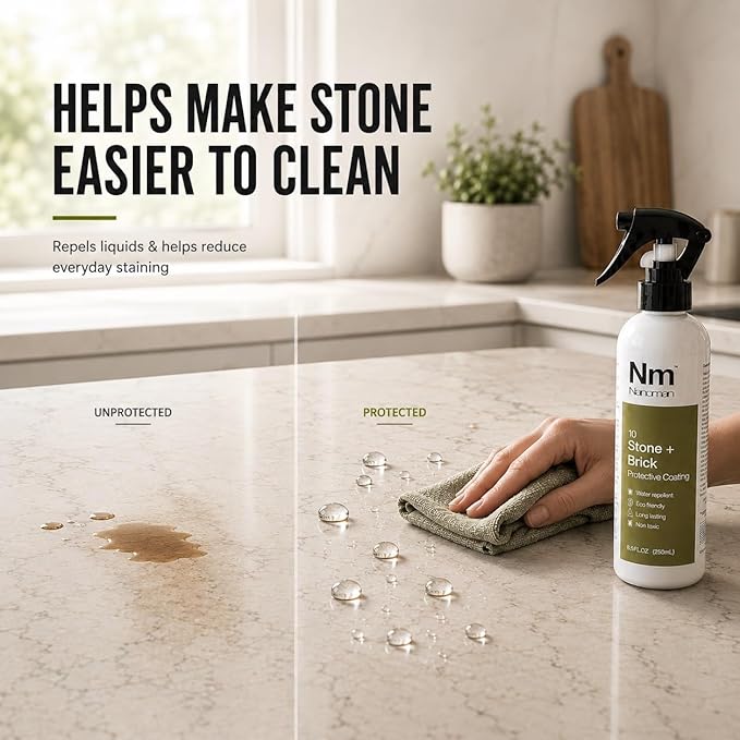 Nanoman Stone and Brick Sealer 8.4 fl oz; Marble Granite Quartz Stone Brick Concrete Grout Sealer and Protectant; Cleaner Sealant Protector & Care Spray for Kitchen and Bathroom Benches and Surfaces