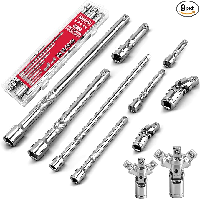 SEDY 9-Piece Socket Extension Bar Set, 1/4" & 3/8" Drive Ratchet Extensions 2", 3", 4", 6", 8" & 10" with Universal Joints, CR-V Steel for Tight Spaces