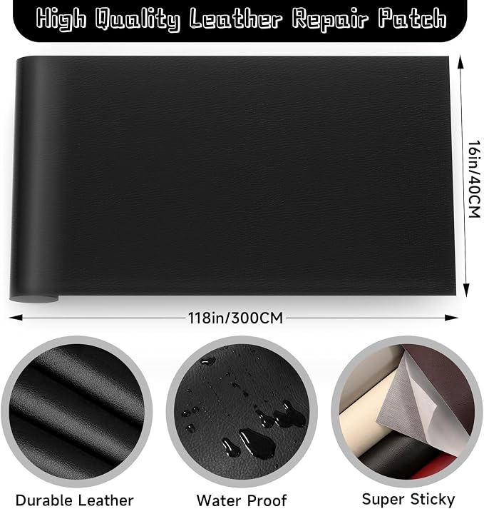 Leather Repair Patch, Self Adhesive Leather Repair, Large Leather Repair Tape for Sofa, Car Seats, Furniture, Cabinets, Chairs, Handbags （Black, 16X118 inch)