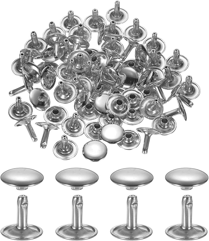 uxcell 120Set Leather Rivets, 10mm Double Cap Rivet Tubular Metal Studs Repairs Decoration Craft Accessories for Repair Decorate Leather Craft Belt Bag Shoes Purse Belts, Silver