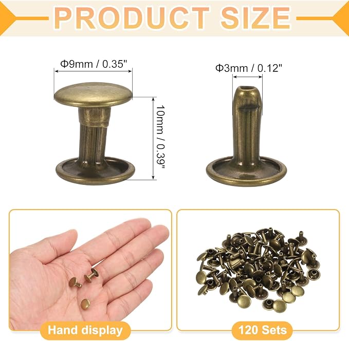 uxcell 120Set Leather Rivets, 9mm Double Cap Rivet Tubular Metal Studs Repairs Decoration Craft Accessories for Repair Decorate Leather Craft Belt Bag Shoes Purse Belts, Bronze