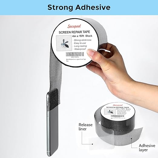 Secopad Black Window Screen Repair Tape, 4 in X 15 FT (180IN) Screen Repair Kit for Windows or Doors, Strong Adhesive Fiberglass Mesh Patch Tape