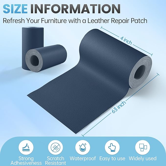 Leather Repair Patch Tape Kit, 4" x 63" Self Adhesive Leather Repair Patch for Furniture, Vinyl Leather Repair Kit for Car Seat, Chairs, Couch, Sofa, Boat Blue