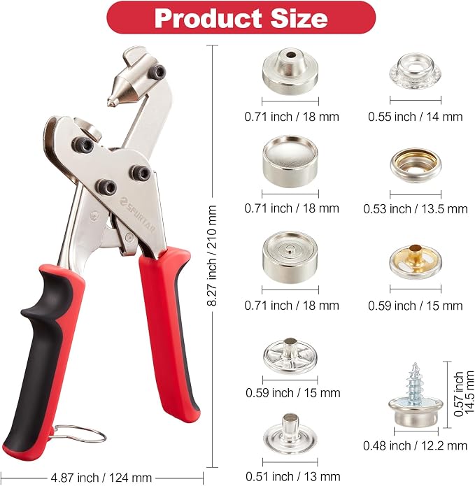 Spurtar Snap Fastener Tool Heavy Duty Snap Button Kit with 40 Sets 15mm Snaps and 3 Dies Upgraded Dual-Lever Design Snap Fasteners for Boat Cover Sewing Leather Fabric Cloths Canvas Tarp DIY