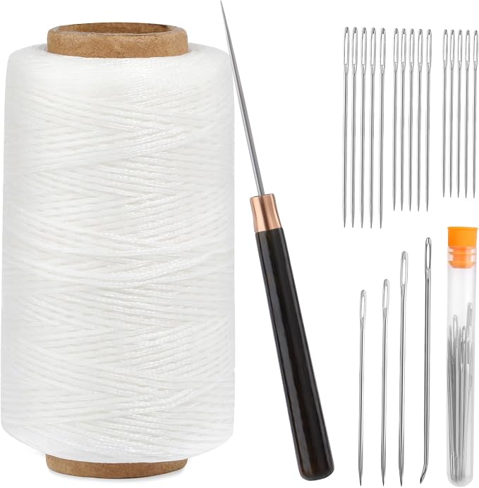 TLKKUE Strong Upholstery Repair Waxed Thread Kit, 273 Yards Upholstery Thread Sewing Needle Straight Awl, Heavy Duty Wax String Sewing Kit for Leather, Shoe Canvas Carpet Stitching Crafting (White)