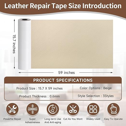 15.7 x 59in Beige Leather Tape, self-Adhesive Leather Repair Patch, for car seat Repair, Vinyl Repair kit, Suitable for Sofas, Furniture, Seats,Strong Adhesive Leather Repair Tape